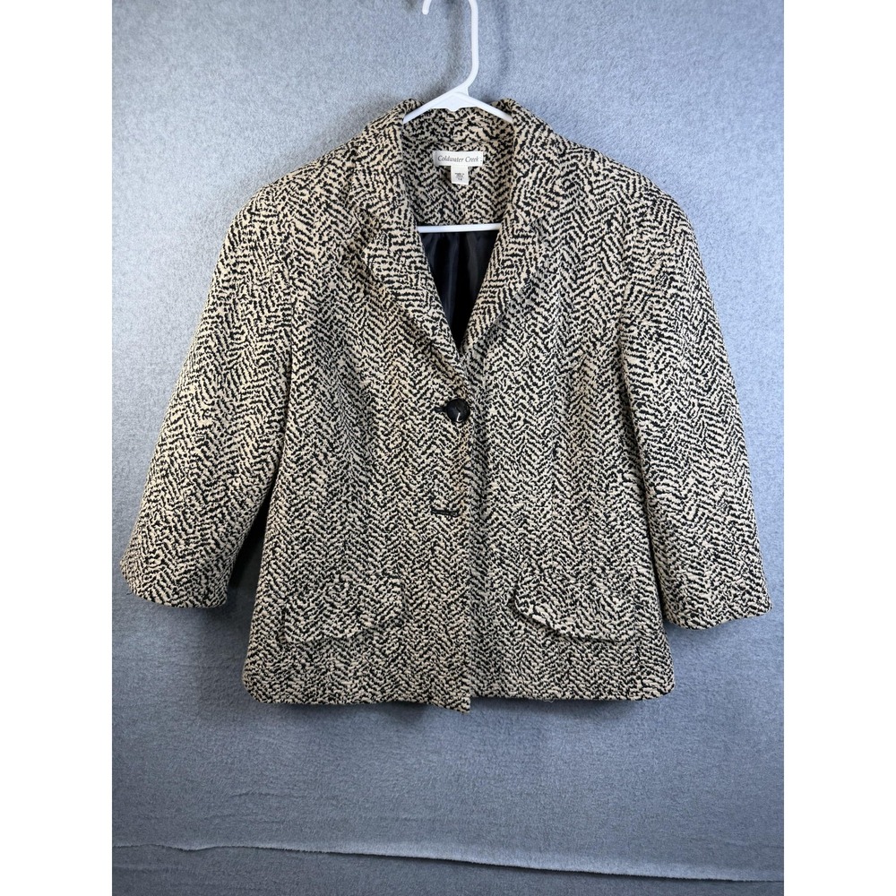 Coldwater Creek Blazer Womens 14 Beige Black Herringbone Knit 3/4 Sleeve Jacket